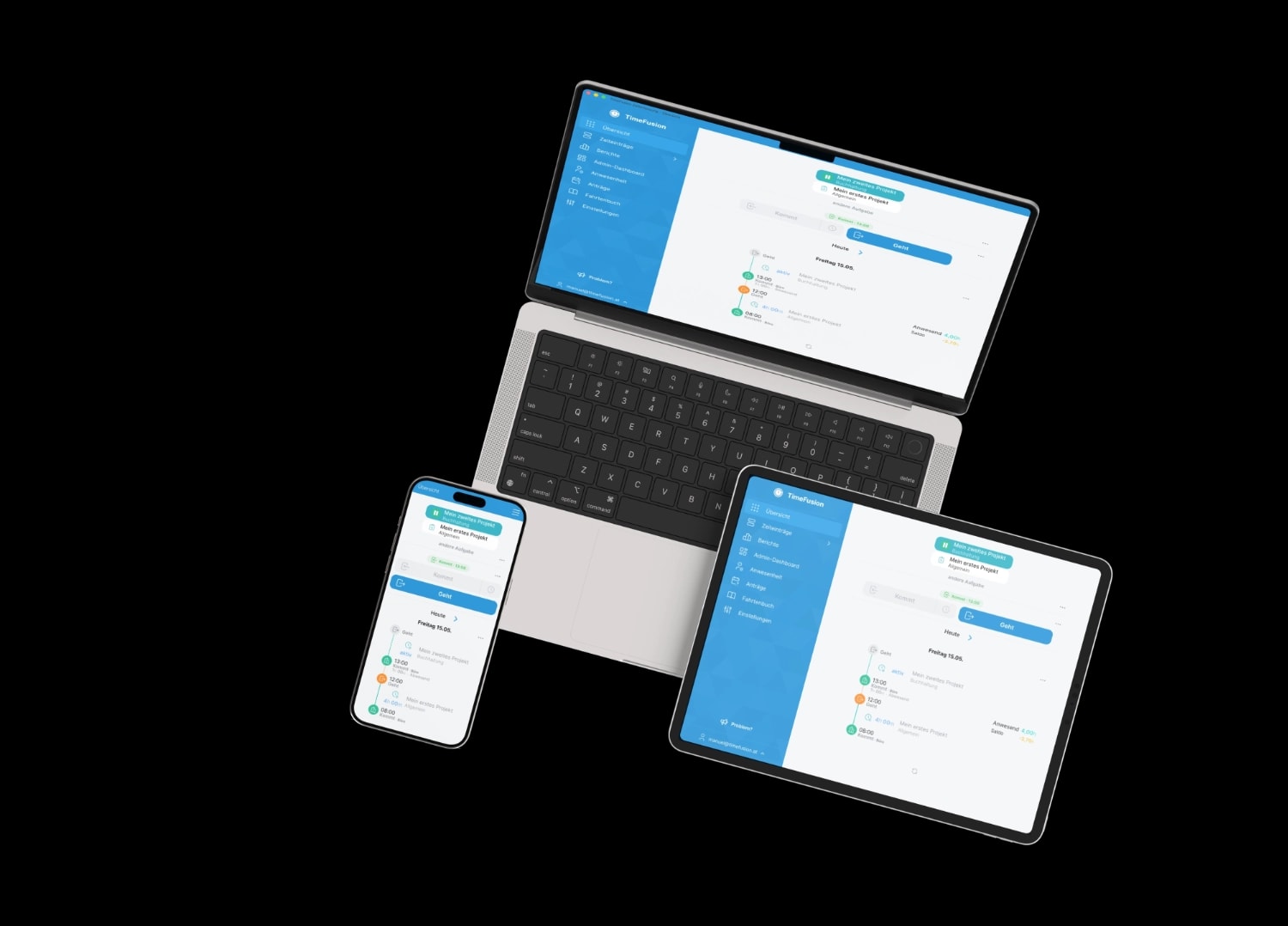 TimeFusion auf Laptop, Tablet und Smartphone